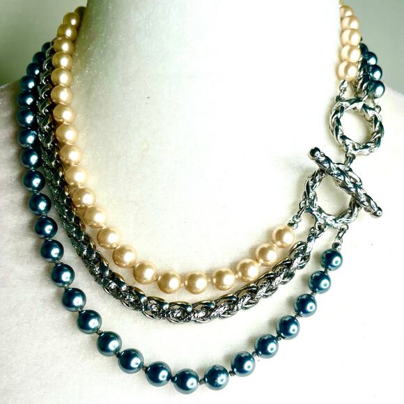Layered Champagne Gray Tone Faux Pearls Silver Tone Braided Chain Necklace - Picture 1 of 3